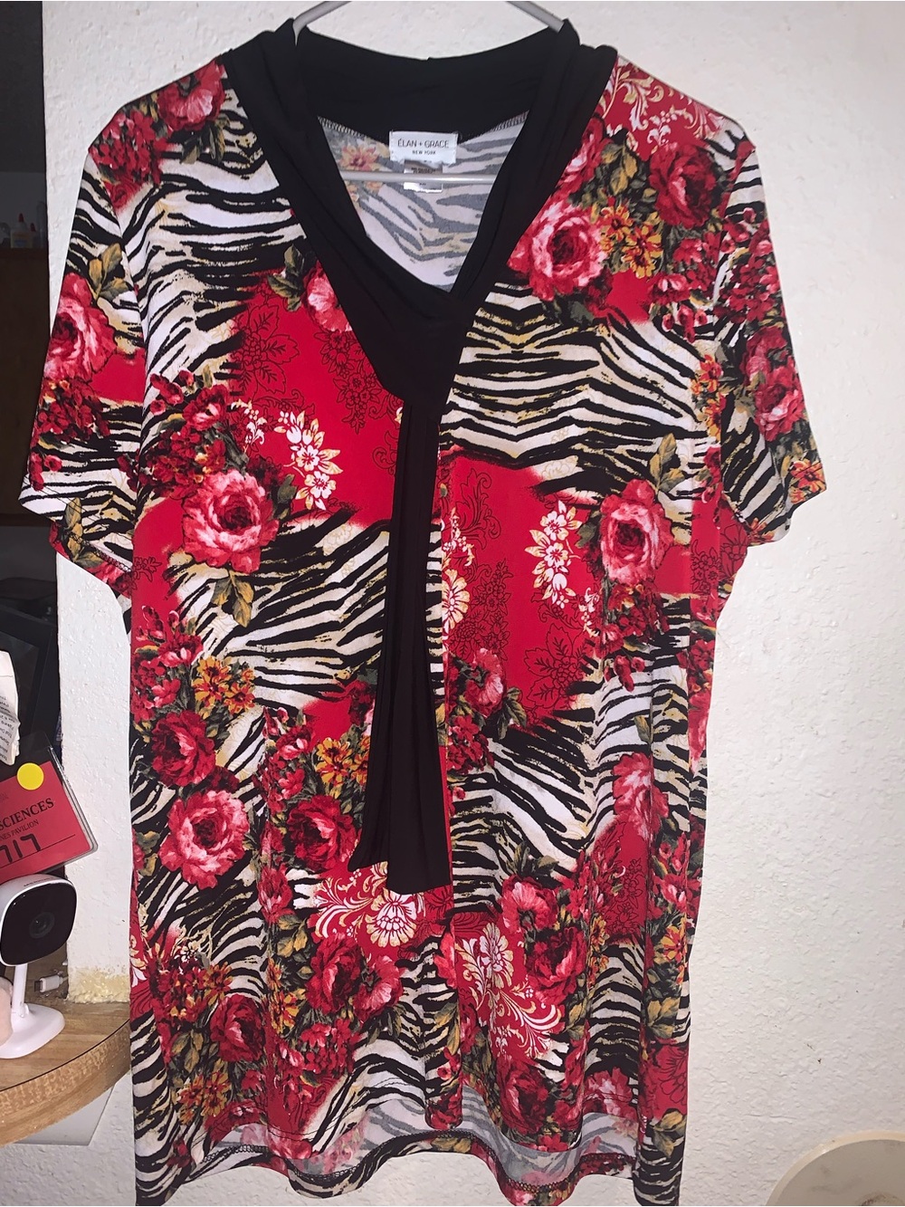 Elan Red Floral & Zebra-Print V-Neck Tunic with Black Trim